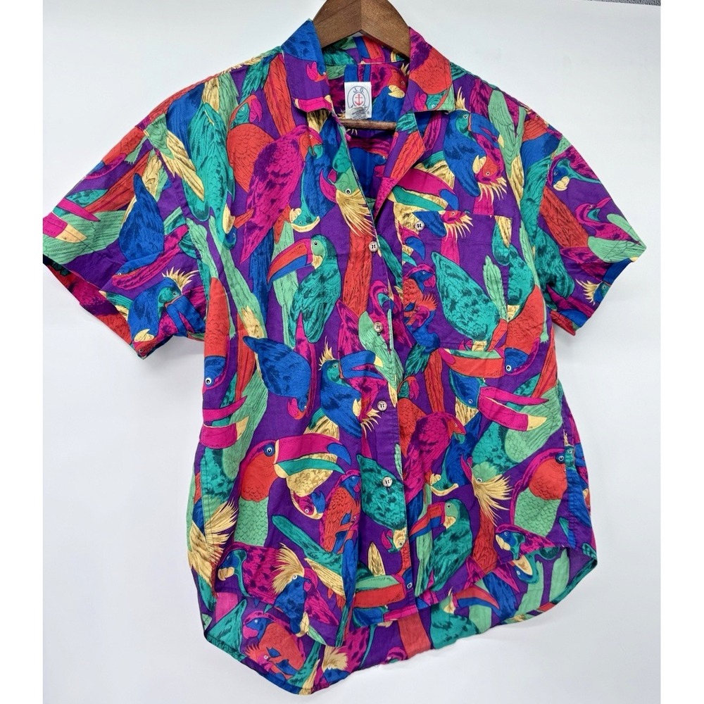 Vtg tropical bird pattern shirt abstract colorful JG Hook size 4 button up artsy